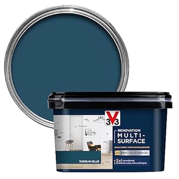 V33 Renovation Multi-Surface Paint - No Undercoat Needed - Over 20 Surfaces - Resistance To Water Stains & Impact - High Coverage - Turquin Blue Satin 2 Litres