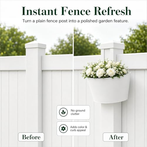 EGOMYRON 4 Pack White Metal Fence Post Planter for 4x4 & 5x5 PVC Vinyl Fence, No-Drill Hanging Flower Pots for Outdoor Plants, Flush Fit Planters with Drainage for Garden Yard Outdoor Decor by EGOMYRON - Used condition - Image 7