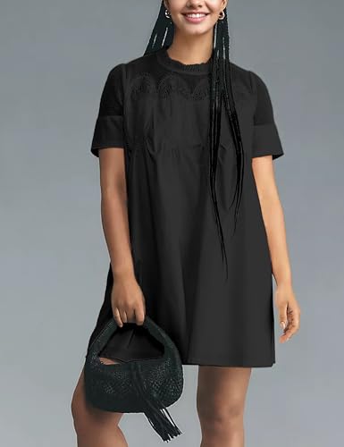 Womens Summer Lace Mini Babydoll Dress Ruffled Collar Short Sleeve Loose Mesh Swing Elegant Flared Sundress4