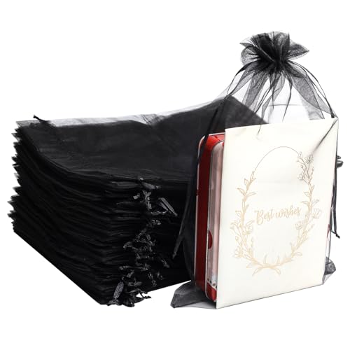 Uigidori 100 Pcs Premium Organza Bags, 8 x 12 Inches Sheer Organza Gift Pouches with Drawstring, Large Mesh Favor Bags for Wedding Favors, Party, Jewelry, Christmas, Makeup Wrapping Supplies (Black)