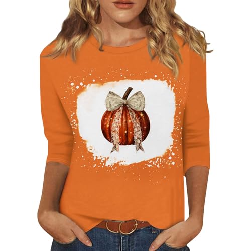 Witch Costume Women Pumpkin 3/4 Sleeve Fashion 2025 Halloween Shirt Women 2025 Fall 'S Tops 3/4 Sleeve Crewneck Pumpkin Tees Womens T Shirts Casual Length Tunic Tops To Wear With Leggings Red Xl