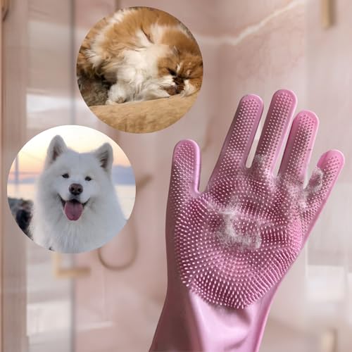 Image of Grooming Gloves for Cats & Dogs - Pet Hair Removal Glove, Silicone Brush for Dog or Cat Washing, Puppy Bath Supplies for Shedding Cleaning Bathing & Massage, Fur Remover Mitt, Shower Shampoo Scrub