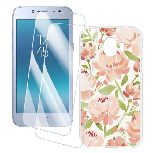 OAGELIM 2 Pack Screen Protector + Case Compatible with Samsung Galaxy Grand Prime Pro (5 inch) Case Artistic Cover and Tempered Glass Film Anti-Scratch (Flowers)