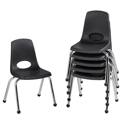 FDP 14' School Stack Chair,Stacking Student Seat with Chromed Steel Legs and Ball Glides For In-Home Learning or Classroom - Black (6-Pack), 10363-BK