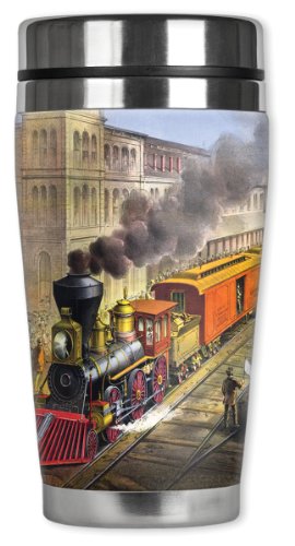 Mugzie Currier & Ives Train Travel Mug with Insulated Wetsuit Cover, 16 oz