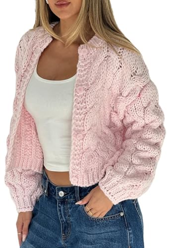 Women Y2k Chunky Cardigan Cable Knit Long Sleeve Open Front Sweater Oversized Cropped Outwear Cardigans2