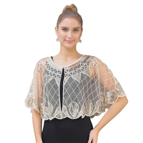 GIBZ Sequin Shawl and Wraps for Evening Dresses, 1920s Tulle Cover Up, Vintage Cape for Gatsby Party