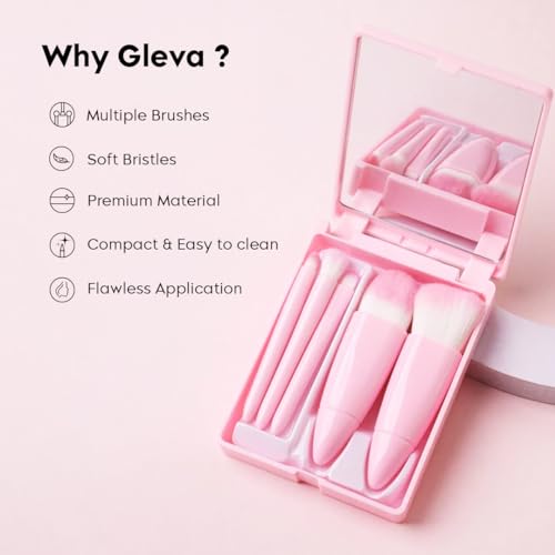 Image of Gleva Travel Size Mini Makeup Brushes Set with Mirror, Small Complete Function Cosmetic 5 Pcs Brushes Kit Case Apply to Face Foundation, Powder Concealers Eyebrow Eyeshadow Blush and Lip Gloss