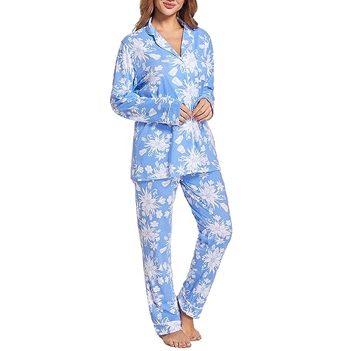 Image of Tugege Pajamas Set Long Sleeve Sleepwear Womens Button Down Nightwear Pj Sets(Blue Lotus-Blue Lotus)