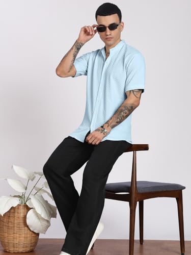 Image of Men's Regular Fit Solid Casual Shirt - Short Sleeve, Mandarin Collar, Lightweight Polyester, Stylish Everyday Wear