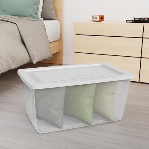 Image of Sterilite 16 Pack Storage Box, 90 Quart Stackable Tote, Clear Plastic Container with Secure Snapping Lids for Home and Office Organization, White