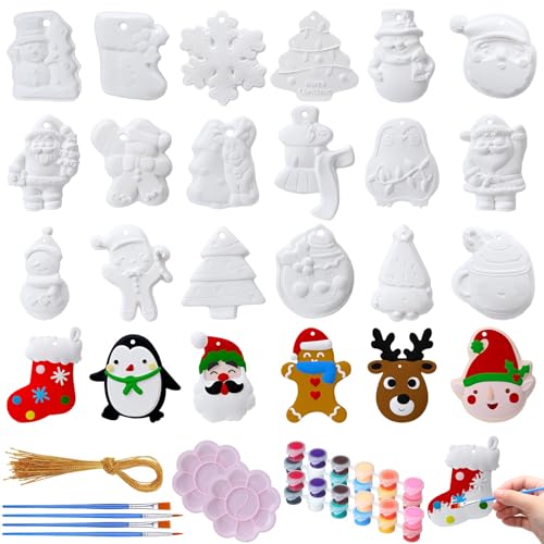 Syhood 24 Pcs Ceramic to Paint Christmas Ornaments Crafts for Paint Your Own Kit DIY Ceramics Santa Snowmen Gingerbread Men Ceramic Christmas Ornaments Crafts Gifts for Adults