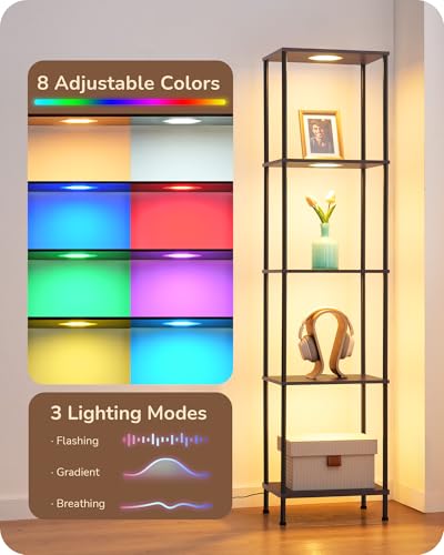 Image of EDISHINE RGBW 5-Tier Display Shelf Floor Lamp, 3 Modes Remote, Walnut | Adjustable Brightness & Color Temperature, 3 Modes, Remote Control, Modern Corner Lamp for Living Room, Bedroom, Study