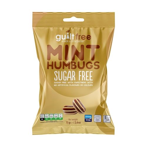 Guiltfree Sugar Free Mint Humbugs Sweets Retro Classic Sweet Hard Boiled Hard Sweets | for Diabetic Gift Hamper Basket Available - Perfect for Gifting | 1 x 75g Resealable Pack