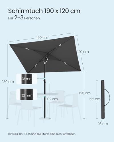 SONGMICS Sonnenschirm Balkon, 190 x 120 cm, Gartenschirm rechteckig, UPF 50+ Sonnenschutz, knickbar, Terrassenschirm, Outdoor Garten Terrasse Strand, Tragetasche, ohne Ständer, grau GPU024GZ01 5