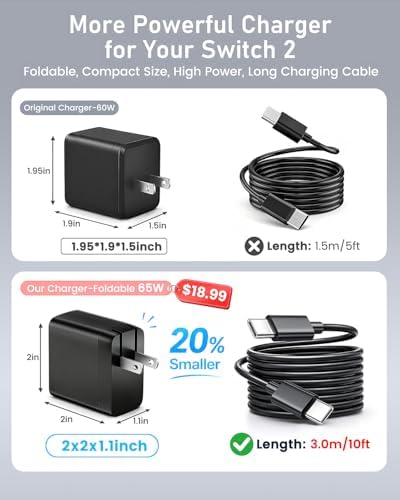 Bemkiru 10ft Switch 2 Charger, 65W AC Power Adapter for Nintendo Switch 2/1 - 2