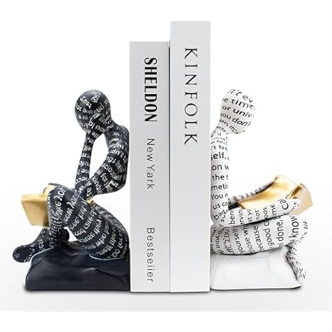 Heavy Duty Book Ends for Shelves, Thinker Decorative Bookends for Heavy Books, Unique Book Stoppers to Hold Book, Bookshelf Accessories, Modern Home Office Decor Aesthetic Black & White Cover