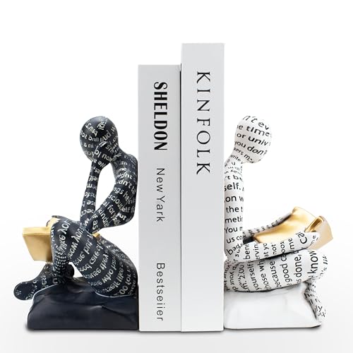 Heavy Duty Book Ends for Shelves, Thinker Decorative Bookends for Heavy Books, Unique Book Stoppers to Hold Book, Bookshelf Accessories, Modern Home Office Decor Aesthetic Black & White