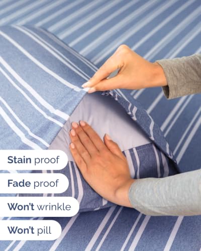 Image of Extra Deep Flex Top Split Head King Sheet Set - 6 Piece Breathable and Cooling Sheets - Hotel Luxury Bedding for Women, Men, Kids & Teens - Easy Secure Fit - Extra Deep Pockets - Blue Stripes 3