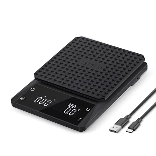 bemece Wiederaufladbare Digital kaffeewaage, Barista Waage 0,1 g, Wasserdichte Espressowaage mit Großem Display und Berührungssensor, Max. Gewicht 3 Kg