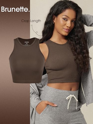 Image of ODODOS 3-Pack Seamless Crop Tank for Women Ribbed Soft High Neck Cropped Tops, Brunette+Clay+Mushroom, Medium /Large
