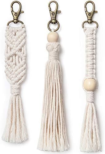 Mkono Mini Macrame Keychains Boho Bag Charms with Tassels Handcrafted Accessory for Car Key Holder, Purse, Phone Wallet,Valentine,s Day Party Supplies Gift, White, 3 Pack