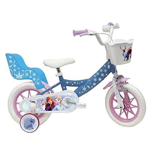 Vélo ATLAS Mädchen Fahrrad 12 Zoll Eiskönigin/Frozen ausgestattet mit 1 Bremse, Korb vorne, Puppentür hinten, Schmutzschutz, Gehäuse und Stabilisatoren, himmelblau, 12''