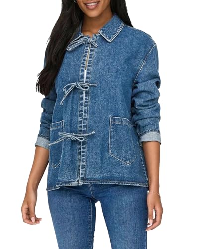 Womens Tie Front Jean Jacket Lightweight Casual Loose Long Sleeve Denim Shacket Coat with Pockets3