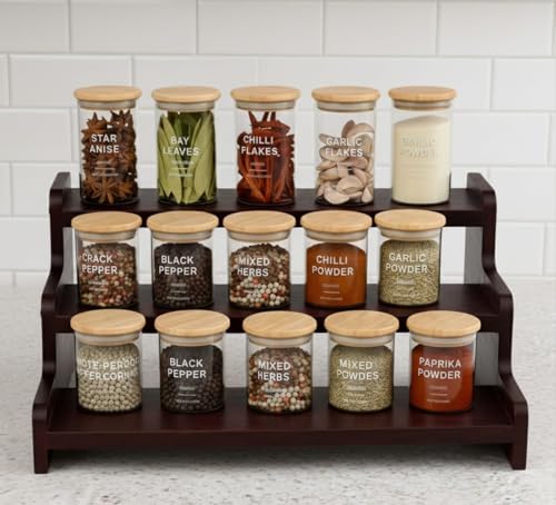 Image of FireBees Kitchen Organizer Rack | 3 Tier Wooden Kitchen Shelf Organisers & Shelf Riser for Counter Top | Wooden Kitchen Storage Stand | Rack for Spice Bottles, Jars, Seasonings (Brown)