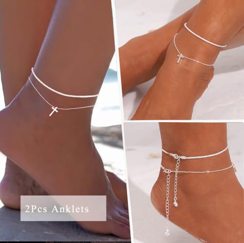 Image of Yalice 925 Sterling Silver Ankle Bracelets for Women Dainty 14K Gold Plated Anklets Set Shiny Waterproof Ankle Chain Cross Beach Foot Jewelry Gifts