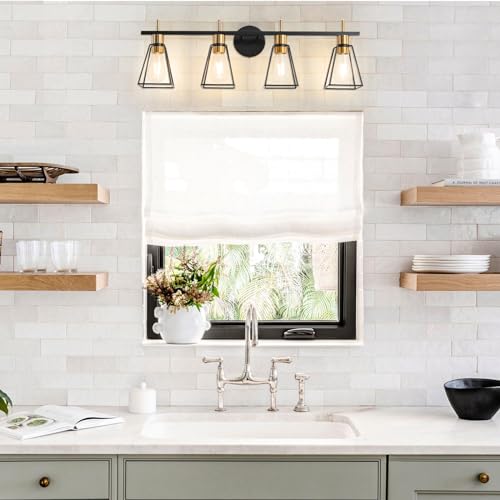 Image of Industrial Bathroom Vanity Lights: 4 Light Black and Gold Vintage Metal Cage Wall Sconce - Rustic Farmhouse Wall Light Fixture Over Mirror Cabinet for Bedroom Living Room