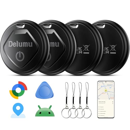 Delumu Air Tracker Android, 2026 New Smart Tags-4 Pack Android Tracker for Google'S Find Hub App, Bluetooth Tracker Keys Finder and Item Locator & GPS Trackers for Keys,Luggages,Wallet, IP67