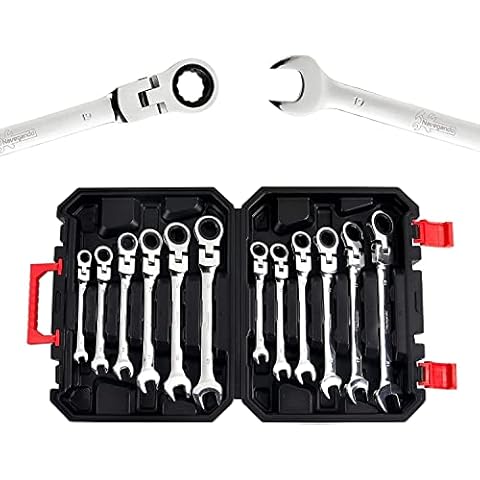 12 Pcs Ratchet Spanner Sets 8-19mm,Flex Head Ratchet Wrench Set,Carbon Steel 180 Degree Rotatable Spanner Set with Tool Box for Men Cover