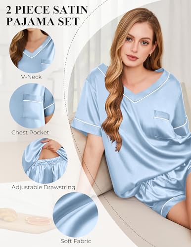 Image of Silk Pajamas for Women Short Sleeve Satin 2 Piece Pj Set Soft V Neck Sleepwear Loungewear, S-XXL