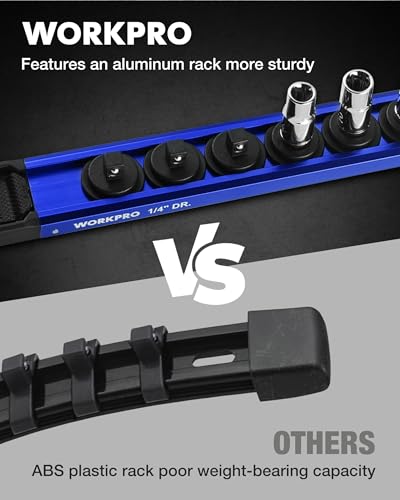 Image of WORKPRO Magnetic Socket Organizer Set, 1 /2 inch 3 /8 inch 1 /4 inch Drive Aluminum Alloy Socket Holder with Removable Socket Clip for Quick Customization, 3PC Socket Rail for Tool Box Drawer (Sockets Excluded)