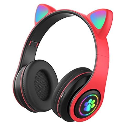 Cat Ear Foldable Bluetooth Headphones LED Light Up Wireless Over-ear Headset Cute Kids Headphone With Microphone And Card Slot For Girls/adult Women/Smartphones/PC/TV Red Cover