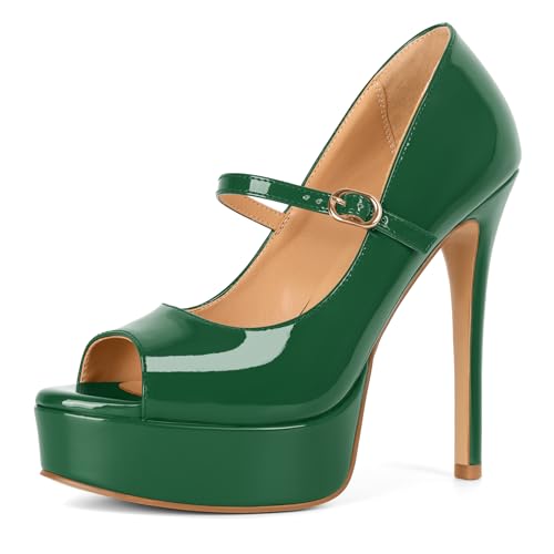 Image of SAMMITOP Women's Peep Toe High Heels Platform Stiletto Pumps Patent Mary Jane Heels 5.5 inch Party Wedding Dress Shoes