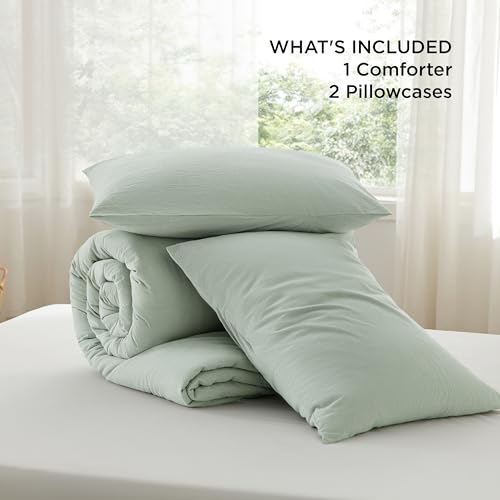 Image of Bedsure Comforter Set Queen Size - Cotton Fabric with Microfiber Inner Fill, Sage Green PureWoven Soft Bed Set for All Seasons, 3 Pieces, 1 Comforter (90 inchx90 inch) and 2 Pillow Cases (20 inchx26 inch)