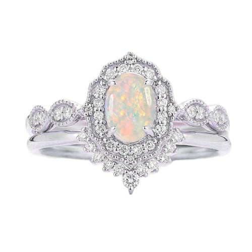 Opal Wedding Ring Sets for Women 1 Carat Oval Opal Bridal Ring Set S925 10k 14k 18k Unique Opal Jewelry4