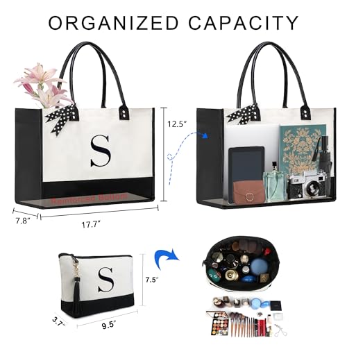 Image of BeeGreen Mother's Day Birthday Gifts for Women, Large Canvas Tote Bag with Embroidery Initial Monogram for Friend Mother Grandma, Zipper Pockets Leather Handles S