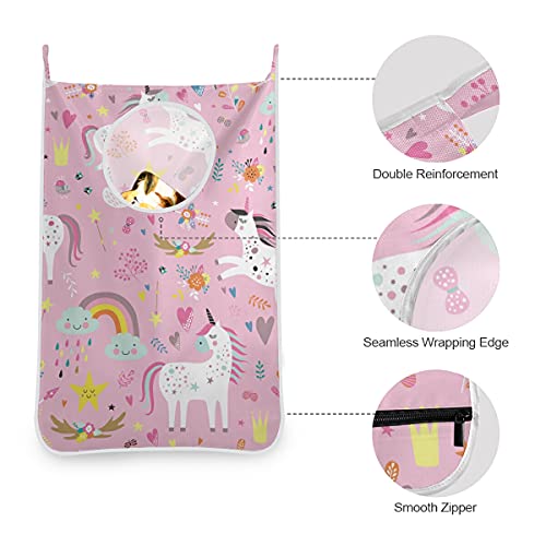 hengpai Joli panier à linge à suspendre pour enfants - En tissu - Avec crochets de porte et mur - Motif licornes blanches et fleurs roses – vue 5