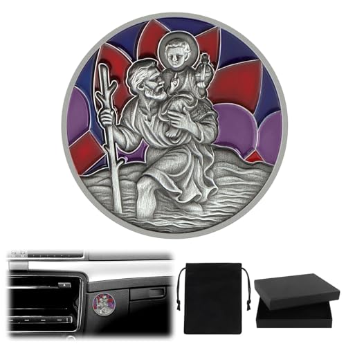DXLing Placa de San Cristóbal para Coche Ø 4 cm Medalla de San Cristóbal para protegernos y Venir a casa Imán de Coche de San Cristóbal con imán Bolsa de Terciopelo y Pegatinas Adhesivas de Doble Cara