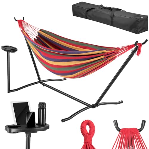 BAKAJI Amaca da Giardino a Brasiliana con Supporto in Acciaio e Stand Portabicchieri, Portatelefono e Tablet con Borsa da Portata Salvaspazio, Capacità Carico 200kg, Ideale per Esterni e Interni