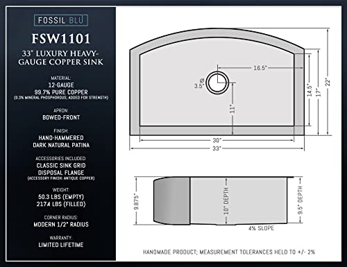 Fsw1101 Luxury 33-Inch Heavy 12-Gauge Dark Patina Copper Farmhouse Sink, Includes Accs, Curved Front #TOP5