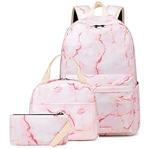 LEDAOU Backpack for Girls School Bag Kids Bookbag Teen Backpack Set Daypack with Lunch Bag and Pencil Case (Pink Marble)