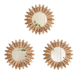 LOSOUR Boho Wall Decor Sunburst Mirror 3 Pack Rustic Round Wood Mirror 12 inch Boho Mirror Home Decor Farmhouse Room Decorations for Bedroom Living Room Entryway
