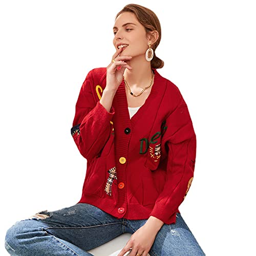 Image of utcoco Womens Open Front Cardigan Cable Knit Long Sleeve Button Down Embroidery Cardigan Sweaters