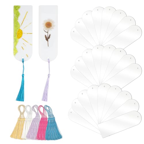 RAHATA Acrylic Bookmarks Blanks Bulk 50PCS Semicircle Clear Bookmark Plastic Blank 25 Sets with 5 Color Tassels for Vinyl DIY Craft (5.9 * 2.0 inch)
