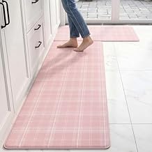 Pink Tartan Grid Kitchen Rug Sets [2 PCs], Anti-Fatigue, Waterproof Non-Slip Kitchen Mats Heavy Duty Ergonomic Comfort Foam Rug for Floor, Home, Laundry,17.3"x29"+17.3"x47"