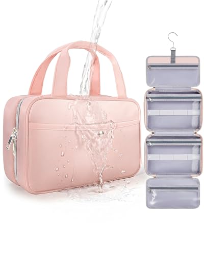 Chakipee Neceser de Via je Colgante para Mujer – Necessaire Impermeable con Ventana Transparente, Desplegable Compartimentos Bolsa de Aseo Ligera para Makeup, Champú y Artículos Rosa, Mediano